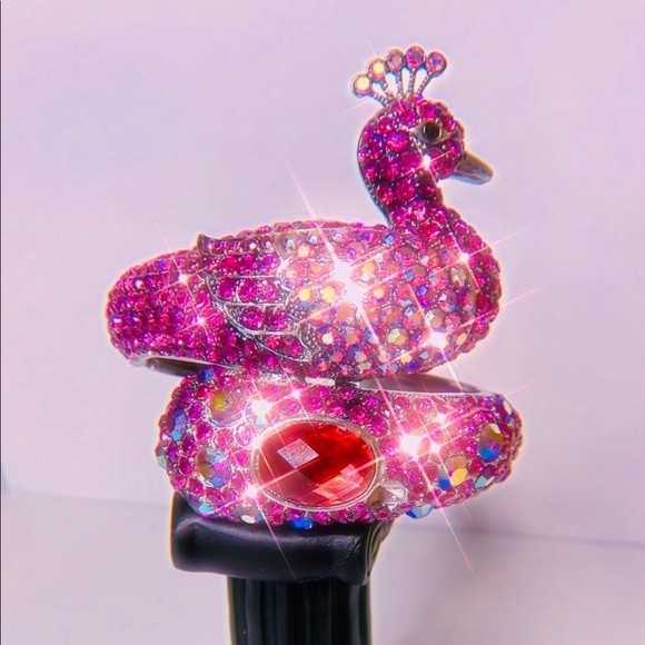 Bejeweled‎ Bedazzled embellished Rhinestone Pink Peacock metal cuff bracelet OS - Picture 12 of 12